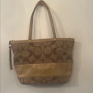 Coach Signature Khaki Stripe Brown and Tan Tote